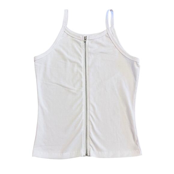TANK TOP WOMENS WHITE FULL FRONT ZIPPER RIBBED SEXY SUMMER TOP - Picture 1 of 8